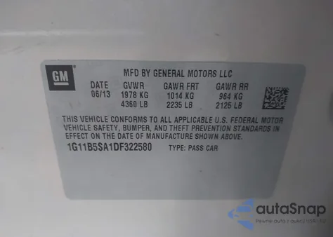 2013 Chevrolet Malibu 1Ls from USA, damaged, VIN 1G11B5SA1DF322580